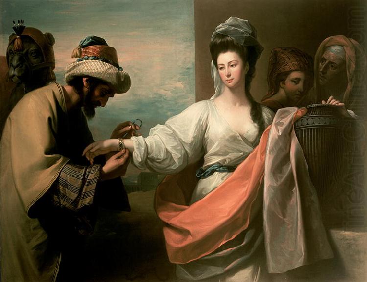 Isaac s servant trying the bracelet on Rebecca s arm, Benjamin West